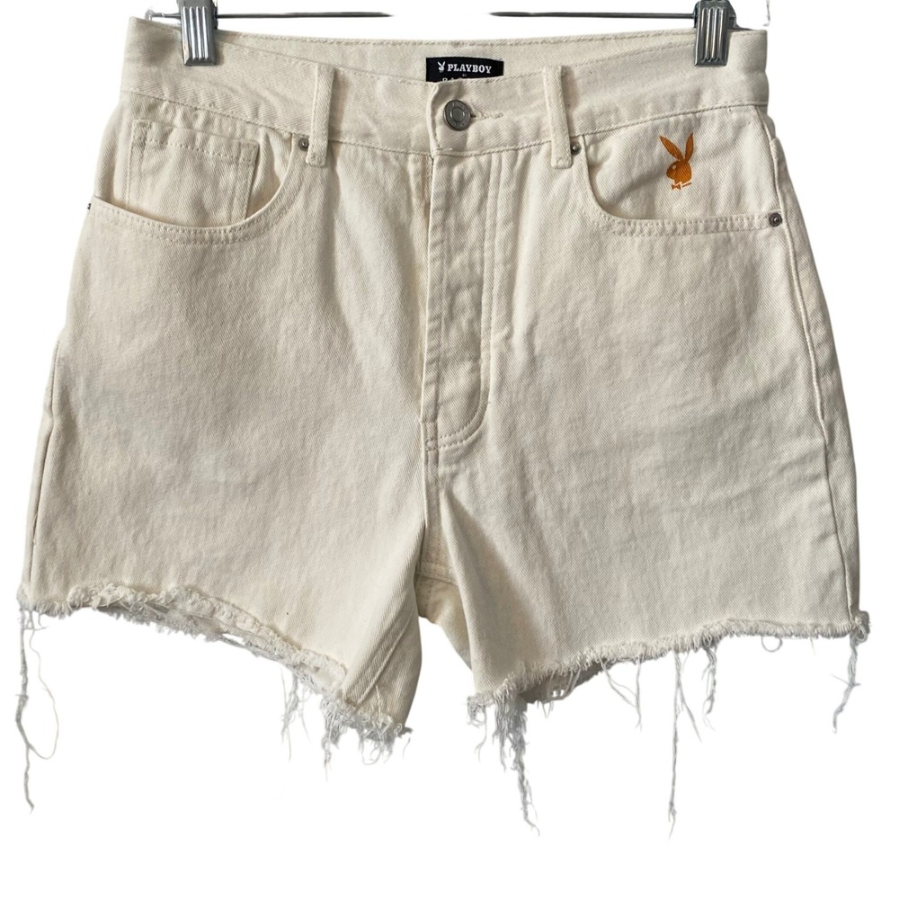 Playboy by PacSun Women Cream High Waisted Raw Hem Denim Shorts Sz 26 Buttonfly